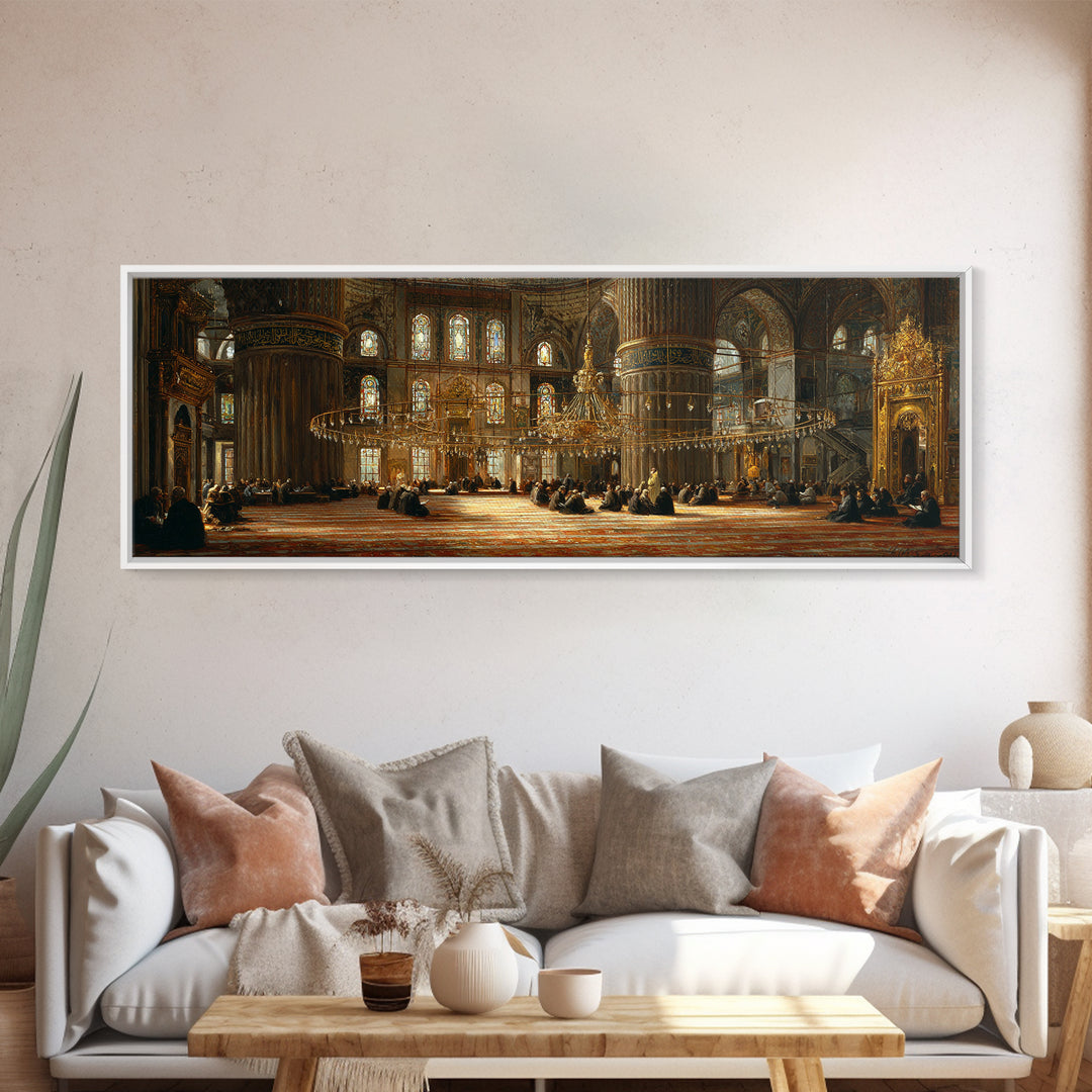 Intricate Historic Mosque Interior With Worshippers And Golden Details Wall Art Beautiful Islamic Architecture Framed Canvas Print