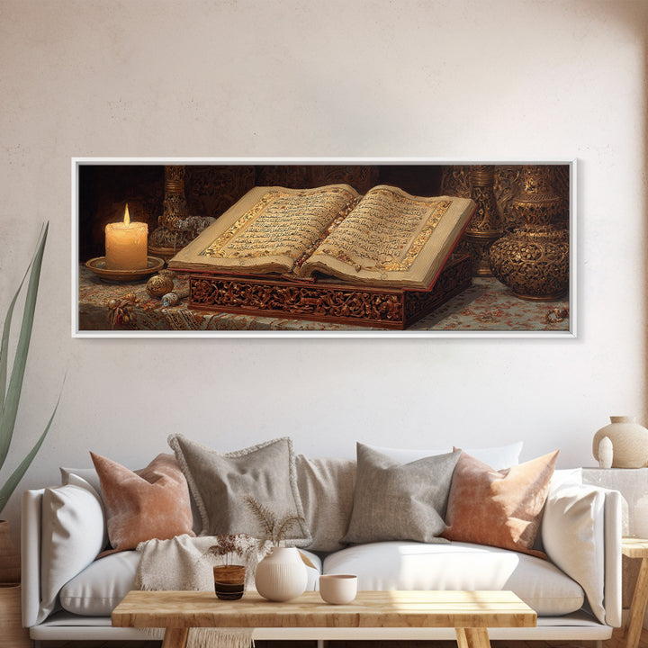 Intricate Handcrafted Ornate Religious Manuscript Painting With Candle And Gold Detailing Wall Art Canvas Print