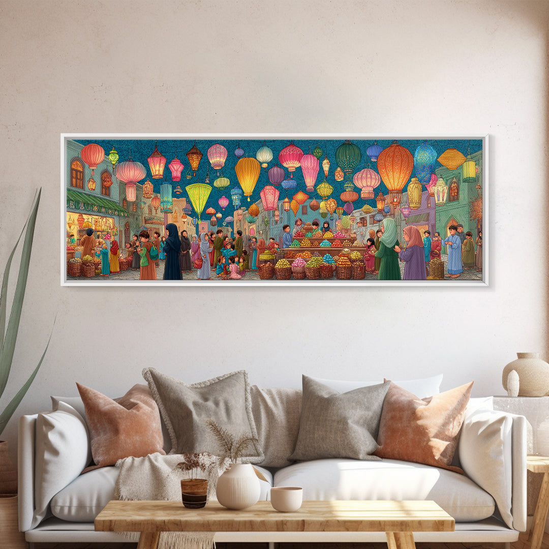 Bustling Market Scene Painting With Lanterns And People Vibrant Traditional Street Life Colorful Wall Art