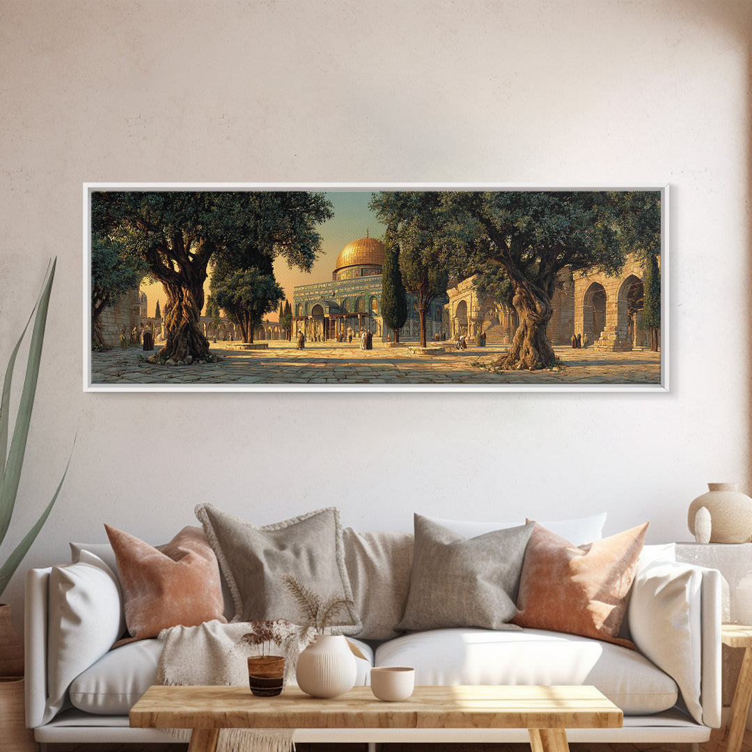 Stunning Realistic Mosque Courtyard With Olive Trees And People Framed Canvas Print For Islamic Home Decor Wall Art