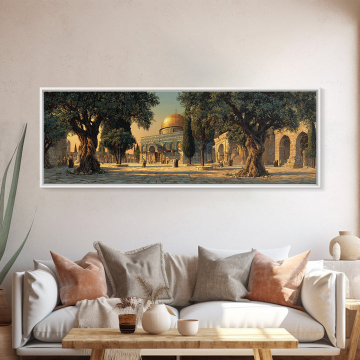 Stunning Realistic Mosque Courtyard With Olive Trees And People Framed Canvas Print For Islamic Home Decor Wall Art
