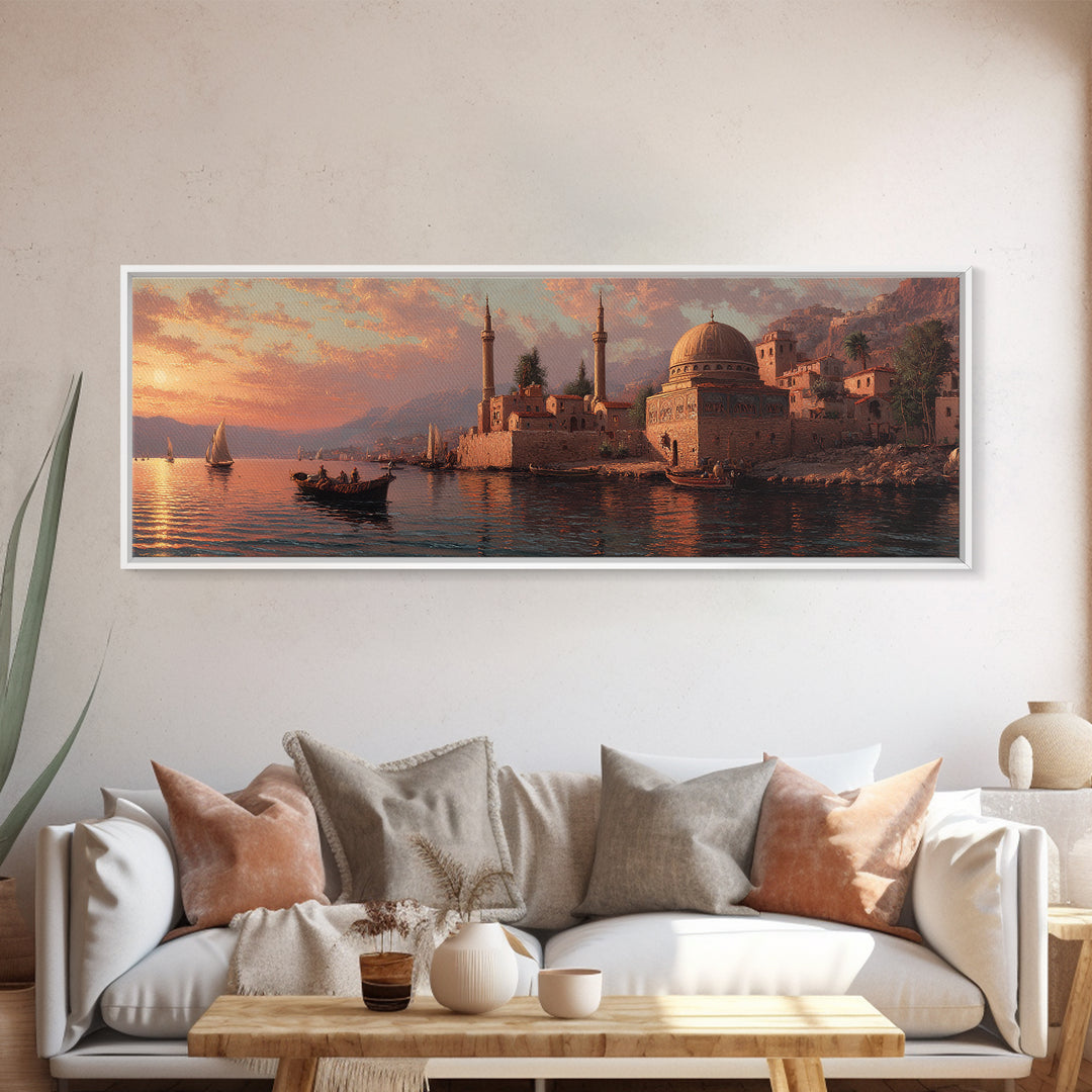 Seaside Town At Sunset Oil Painting Canvas Print With Boats And Warm Orange Glow Wall Art For Coastal Home Decor And Dining Room