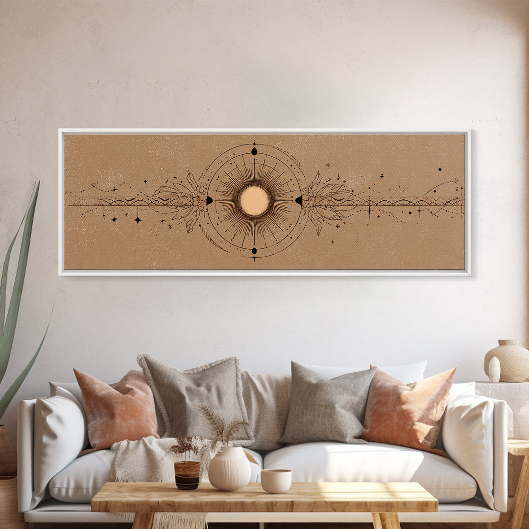 Mystic Sun And Moon Celestial Wall Art, Boho Astrology Canvas Print, Neutral Witchy Above Bed Decor For Living Room Home Decor