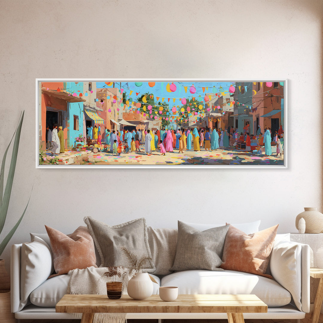 Festive Colorful Town Square Celebration Digital Painting Bright Lanterns And Crowds For Joyful Wall Art
