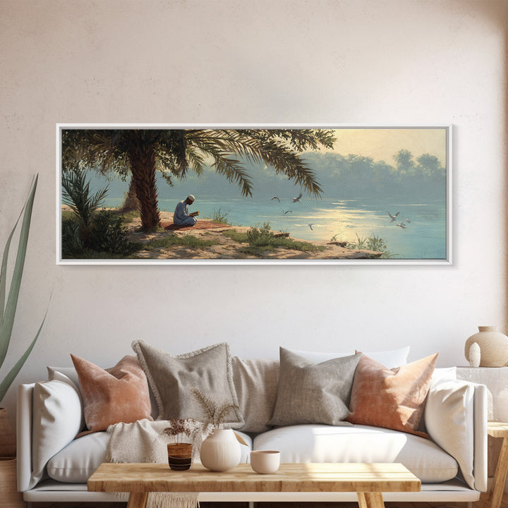Tranquil Riverside Scene With Man Reading Sacred Text Surrounded by Palm Trees and Calm Waters Oil Painting Canvas Print