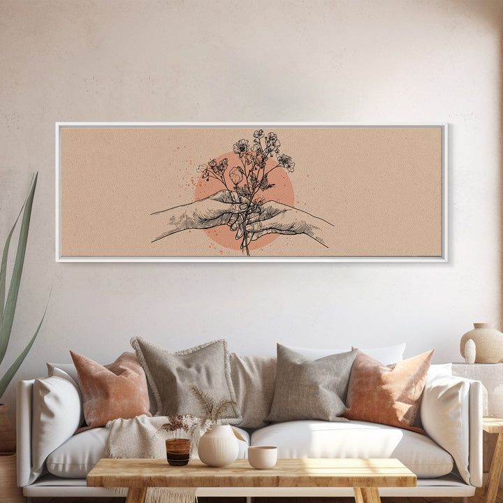 Hands Holding Wildflowers Line Art Wall Art, Neutral Botanical Canvas Print, Romantic Gift For Her And Minimal Bedroom Decor