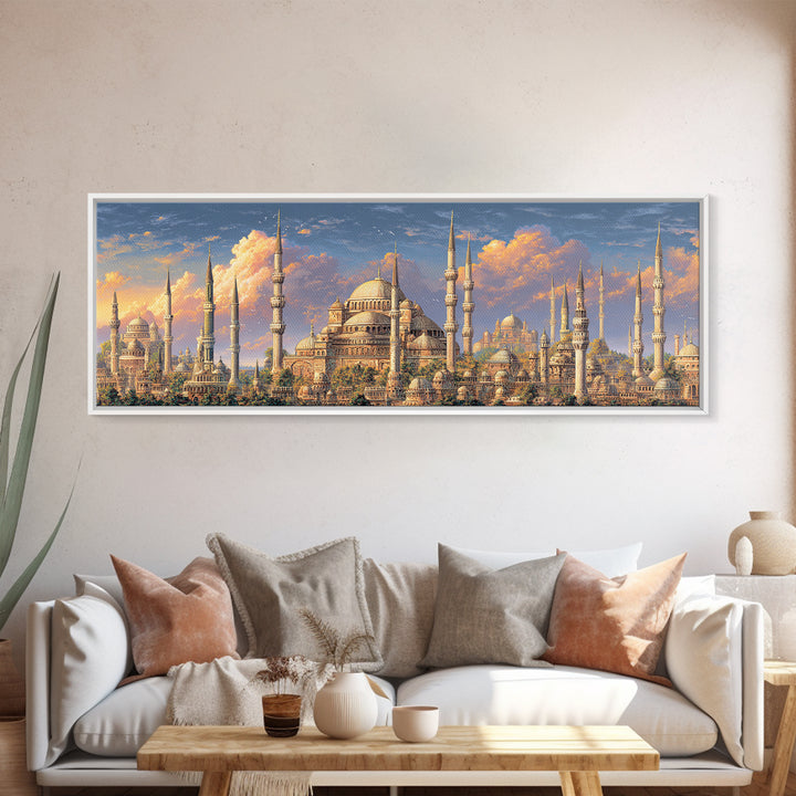 Vibrant Cityscape With Ornate Minarets And Warm Sunset Sky Framed Canvas Print For Home Decor