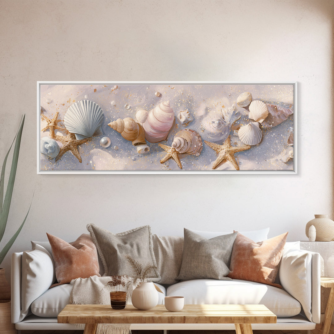 Pastel Seashells And Starfish Beach Wall Art, Coastal Canvas Print, Nautical Bathroom Decor And Beach House Gift For Her