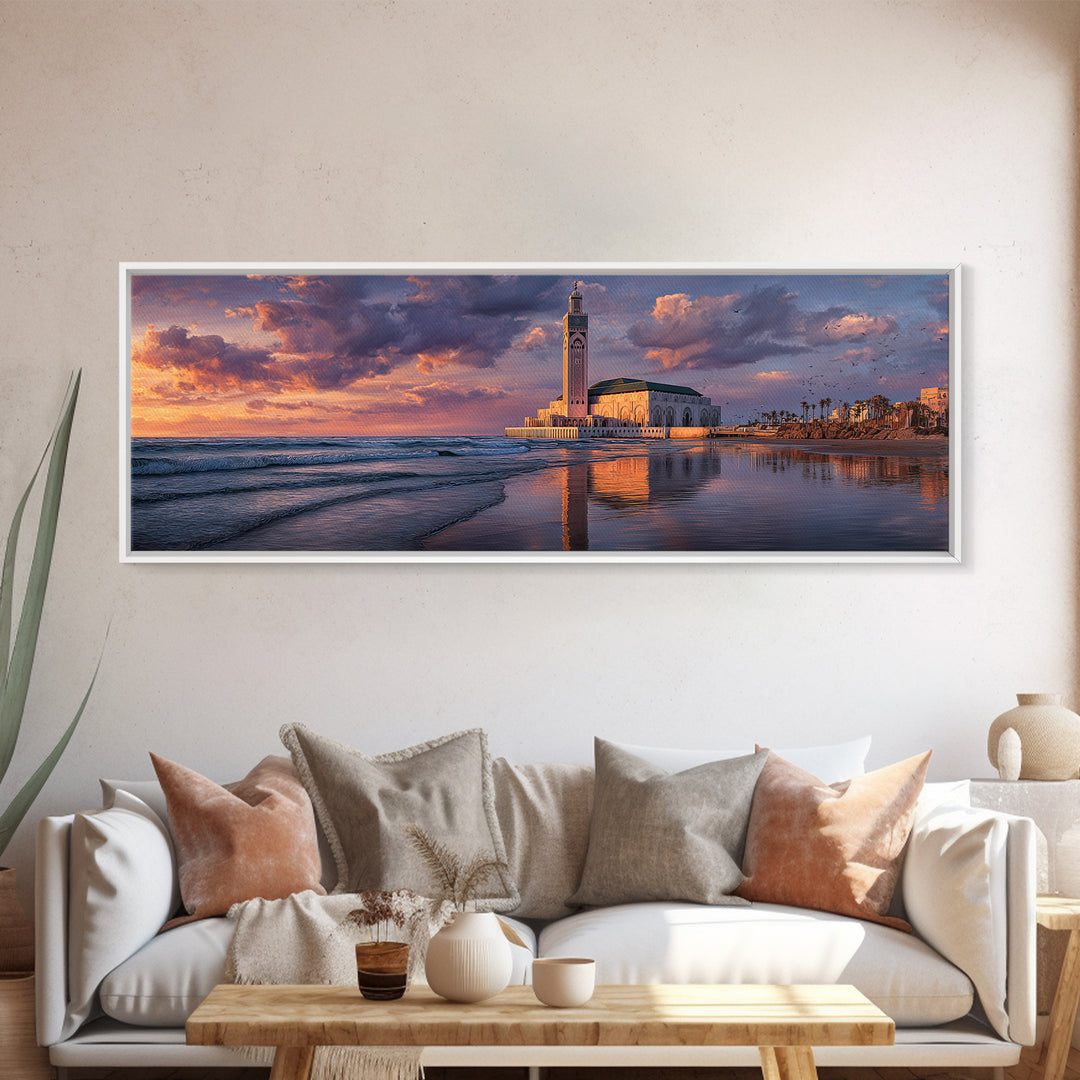 Sunset Over Iconic Casablanca Mosque With Reflective Water Wall Art Framed Canvas Print For Coastal Decor