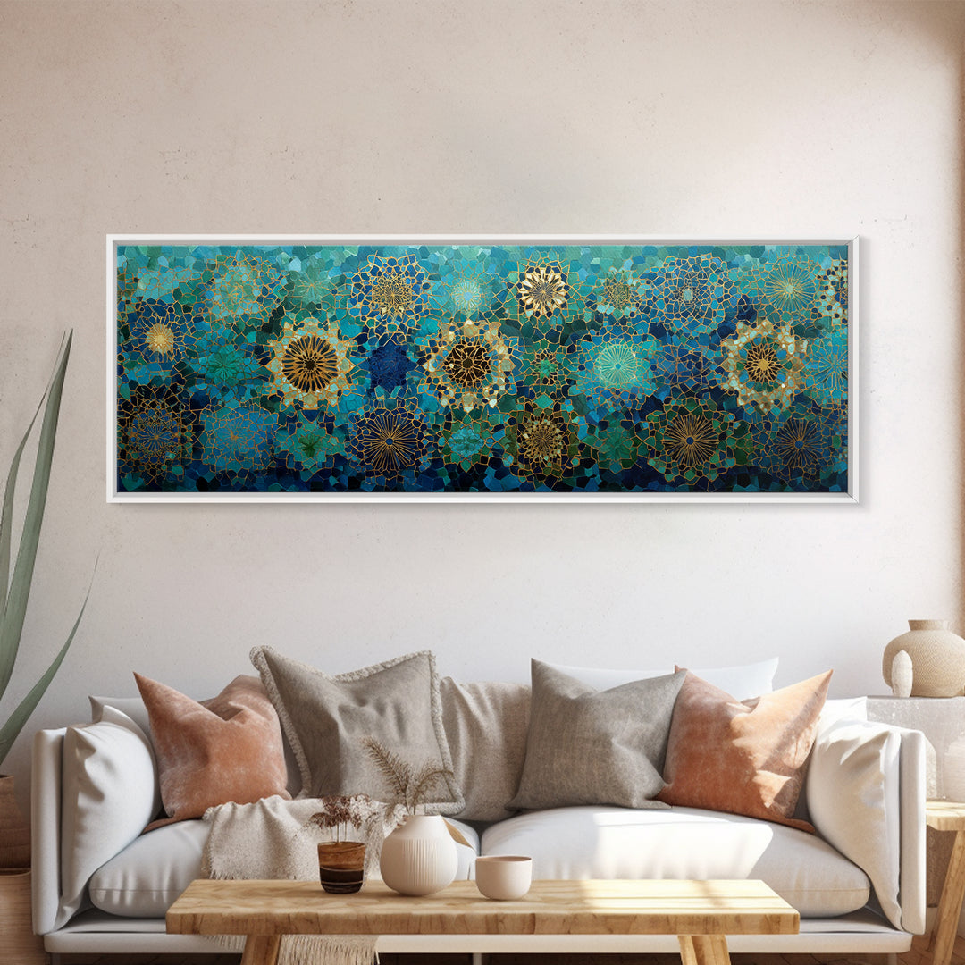 Intricate Green And Blue Moroccan Mosaic Pattern Abstract Wall Art Canvas Print For Exotic Home Decor Gift