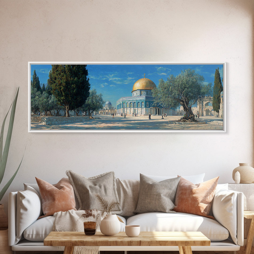 Vivid Middle Eastern Architecture Painting With Golden Dome And Olive Trees Captivating Historical Wall Art