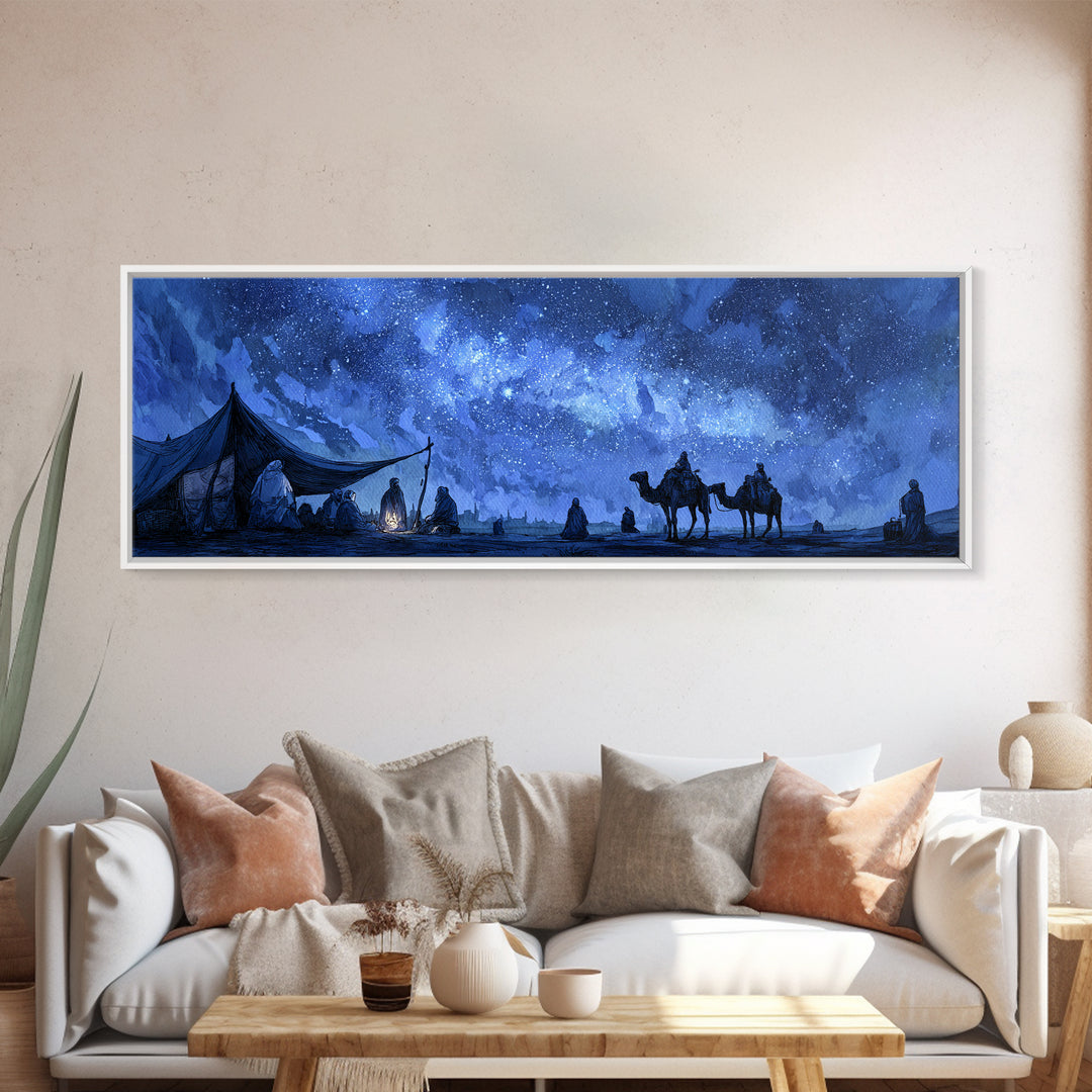 Mystical Desert Night Scene With Campfire And Stargazing Nomads Wall Art Framed Canvas Print For Rustic Home Decor