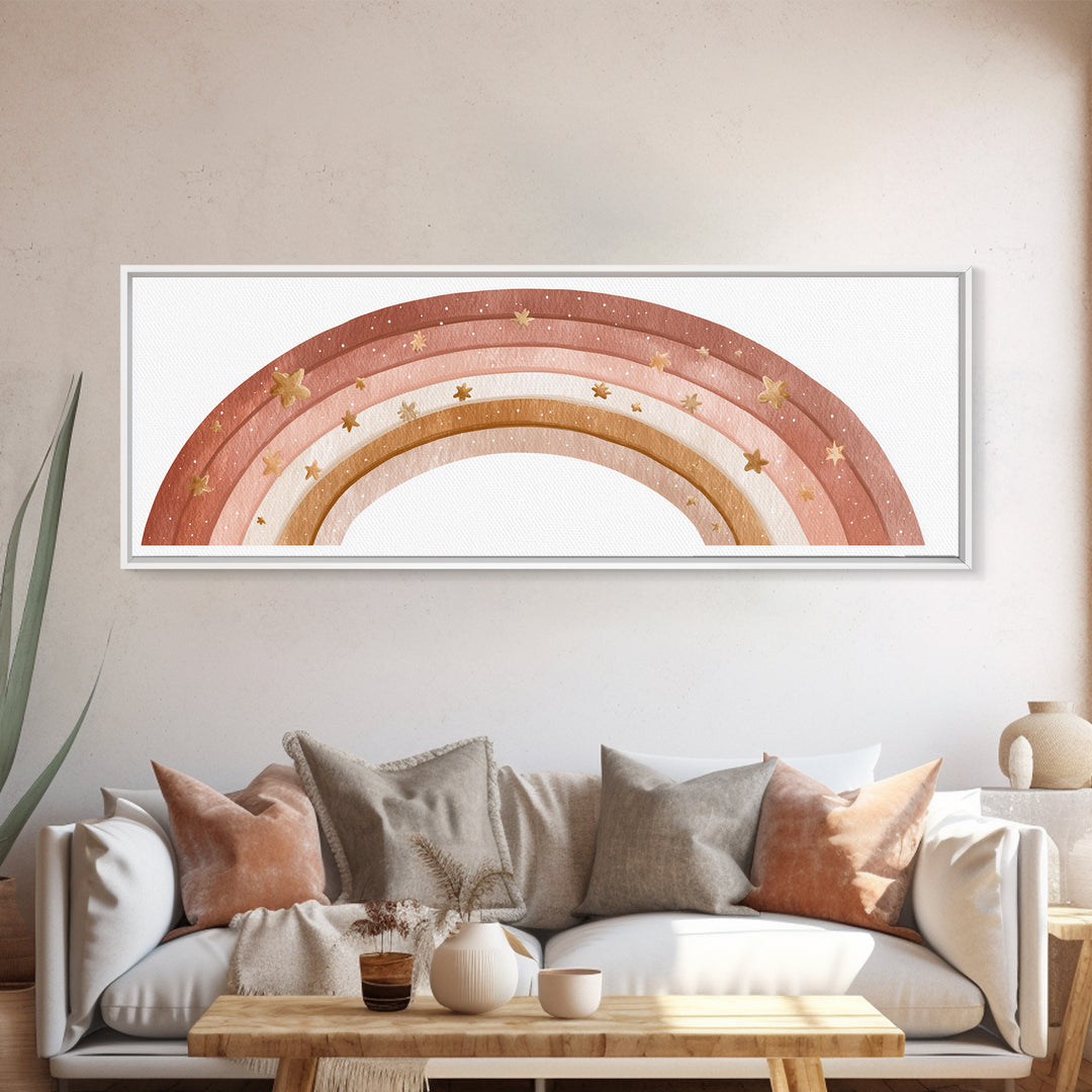 Boho Pastel Rainbow Nursery Wall Art, Pink Neutral Canvas Print, Girls Room Decor Baby Shower Gift And Kids Room Decor Art