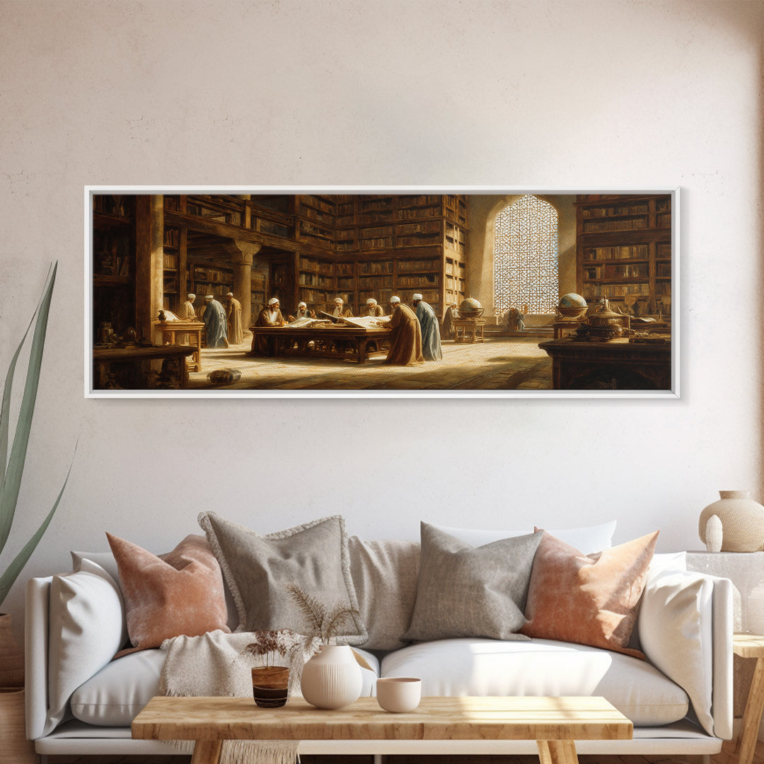 Historical Middle Eastern Library Scene Painting Wall Art Framed Canvas Print For Study Room Decor And Book Lover Gift