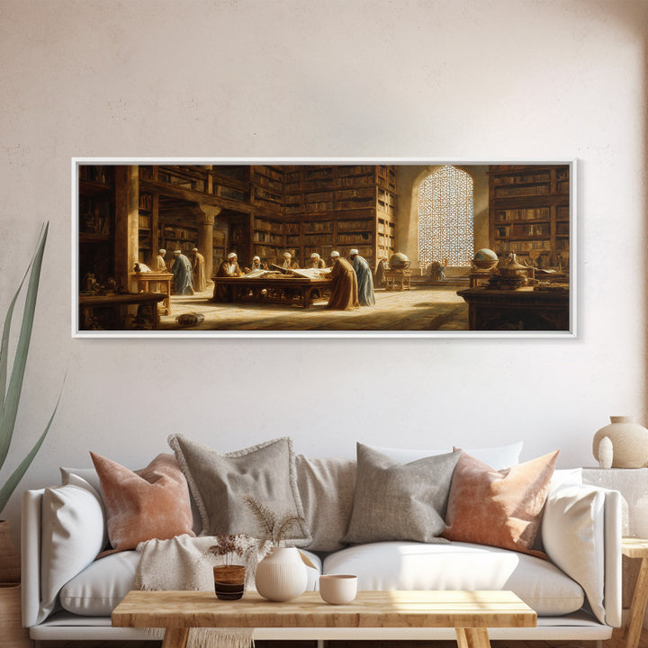 Historical Middle Eastern Library Scene Painting Wall Art Framed Canvas Print For Study Room Decor And Book Lover Gift