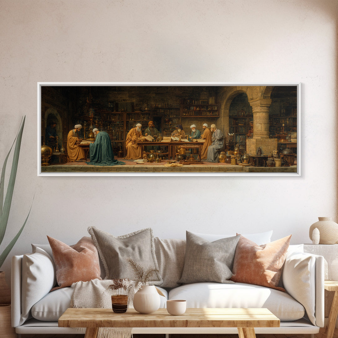 Intricate Middle Eastern Study Scene With Scholars And Books Classic Style Oil Painting Wall Art Framed Canvas Print