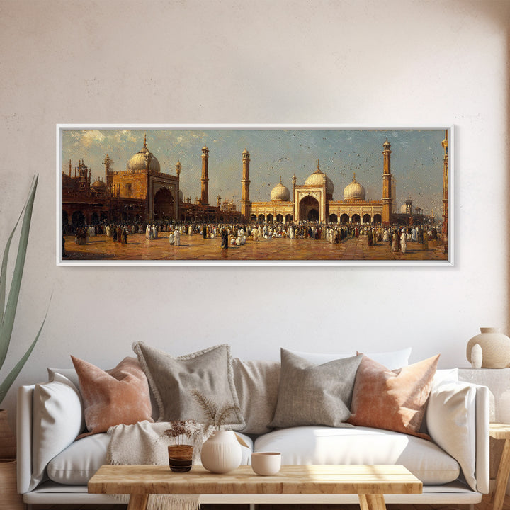Vintage Indian Mosque Scene With Crowds In Traditional Attire Antique Oil Painting Wall Art Framed Canvas Print