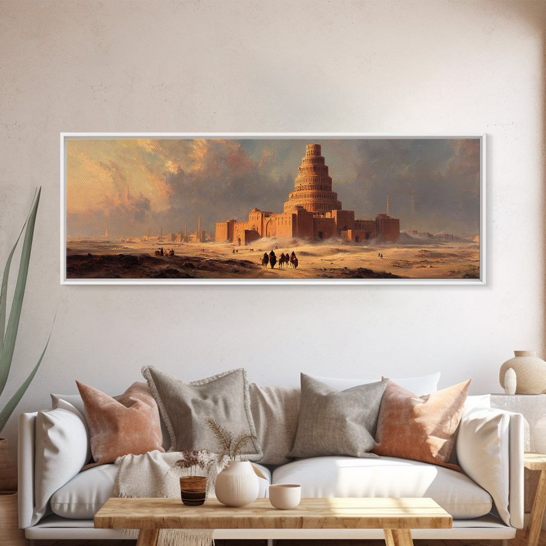 Ancient Desert Ziggurat At Sunrise Canvas Print, Fantasy Architecture Wall Art, Babylon Tower Landscape, Warm Neutral Decor