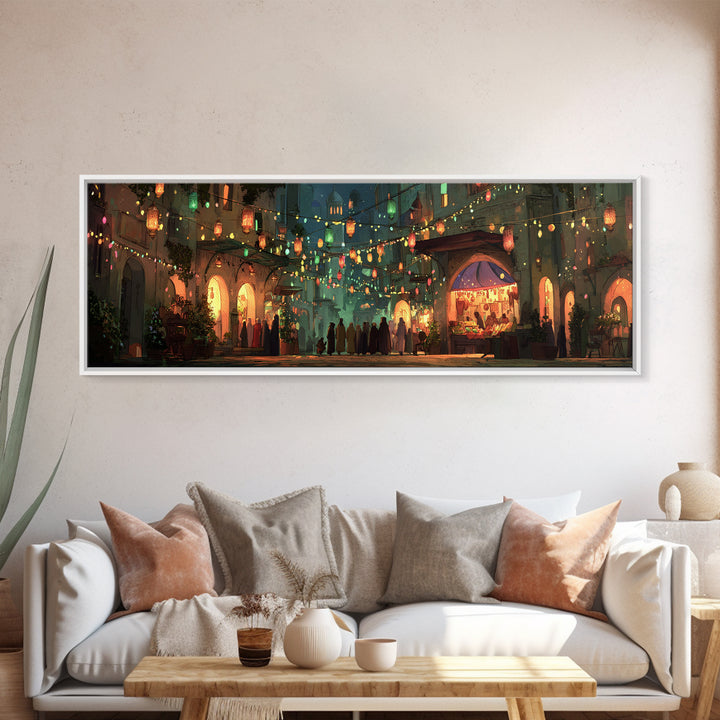 Vibrant Nighttime Street Market Scene With Lanterns And Crowds Framed Canvas Print