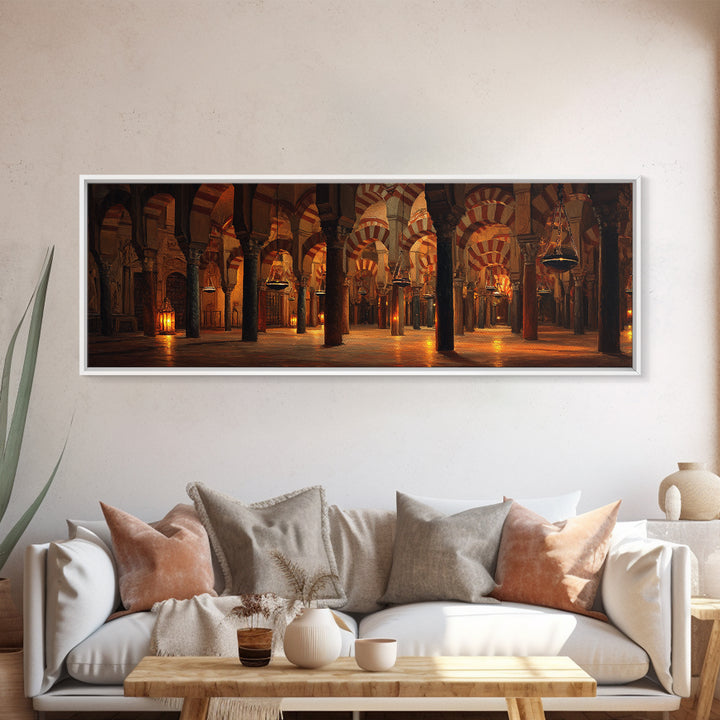 Warm Glowing Columns Of Ancient Mosque Interior With Arches Framed Canvas Print For Rustic Home Decor And Statement Wall Art