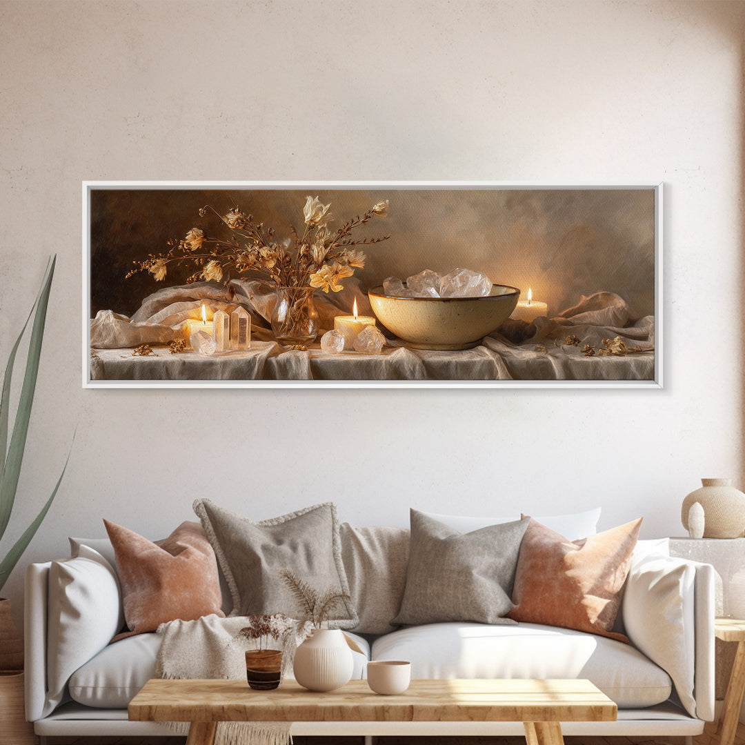 Crystals Candles And Dried Flowers Wall Art, Moody Spa Framed Canvas Print, Zen Meditation Decor For Cozy Living Room Art