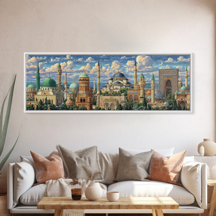 Historic Mosque With Intricate Islamic Architecture And Blue Domes Framed Canvas Print Fine Art Wall Decor For Home And Office