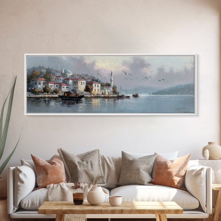 Scenic Coastal Fishing Village With Boats In Harbor Under Soft Cloudy Sky Framed Canvas Print For Rustic And Vintage Wall Art