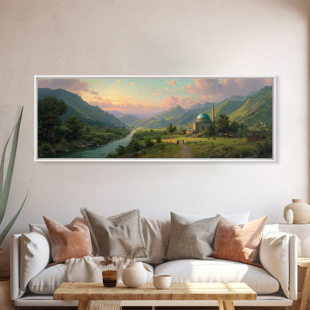 Beautiful Serene Mountain Landscape With River And Village, Romantic Nature Oil Painting Framed Canvas Print, Large Wall Art For Home Decor