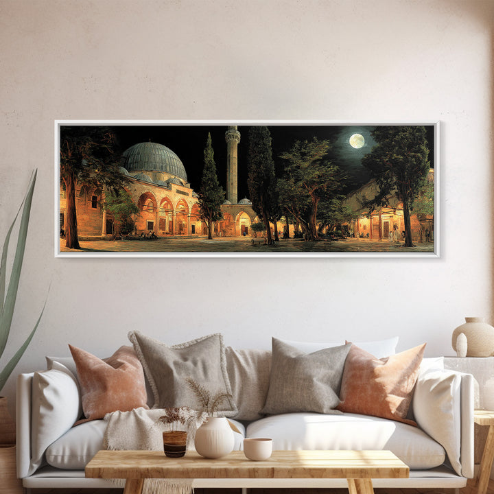Nighttime Mosque Courtyard With Warm Lighting And People Gathered Framed Canvas Print For Spiritual Wall Art