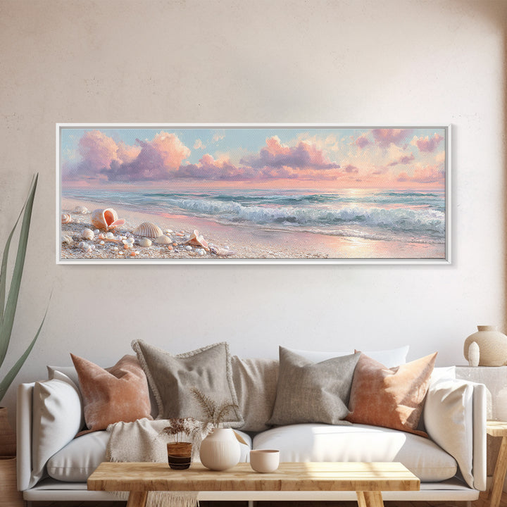 Pastel Ocean Waves And Shells Beach Wall Art, Coastal Canvas Print, Seashell Bathroom Decor And Beach House Gift For Her