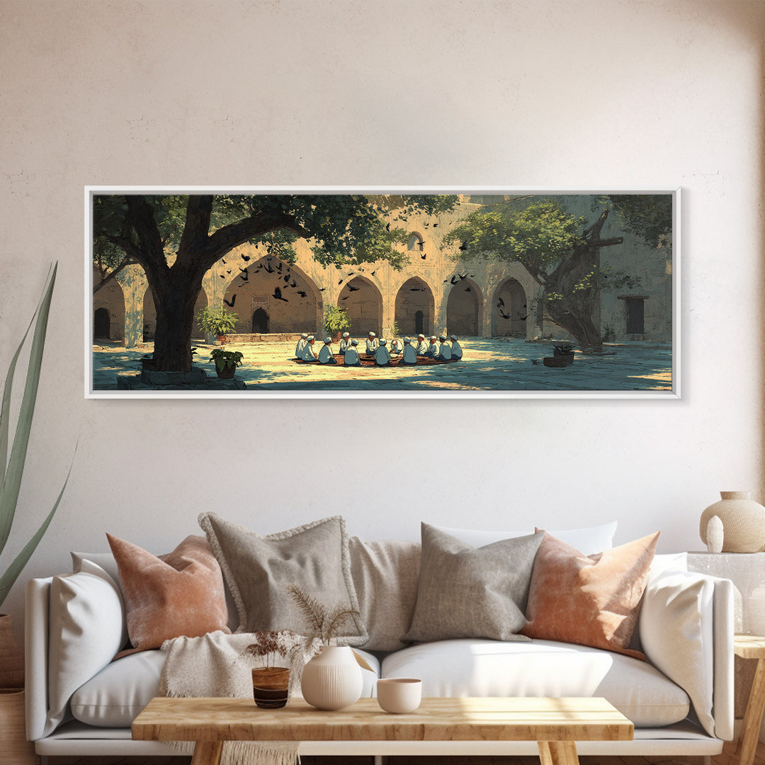 Historic Courtyard With Men In Traditional Clothing Sitting And Talking Framed Canvas