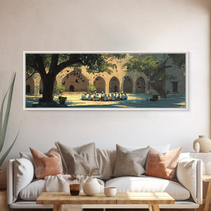 Historic Courtyard With Men In Traditional Clothing Sitting And Talking Framed Canvas