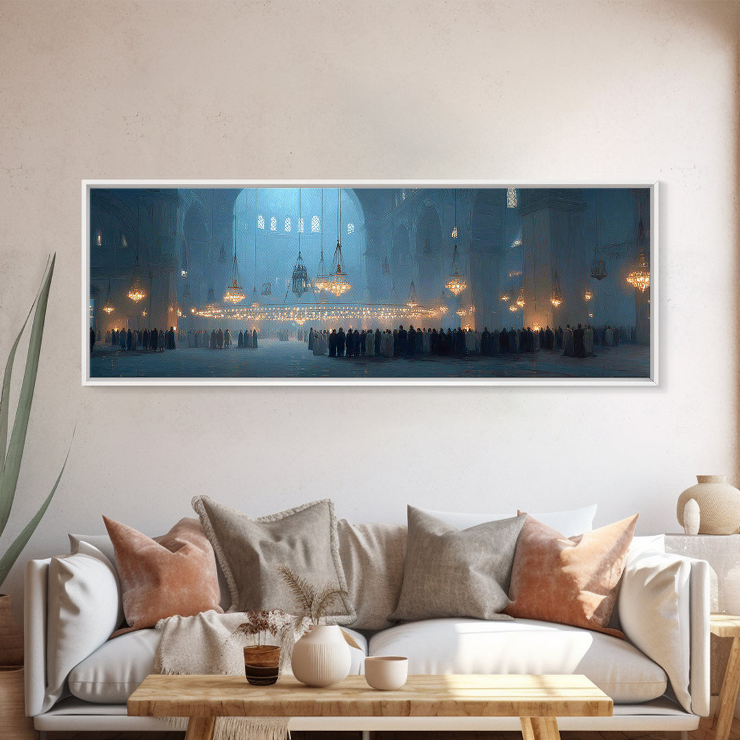 Ethereal Interior Of Historic Mosque With Soft Blue Tone And Glowing Chandeliers Canvas Print
