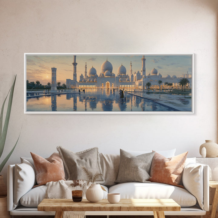 Majestic Mosque Sunset Golden Hour With Warm Glow And Reflections - Elegant Architectural Wall Art Canvas Print For Home Decor