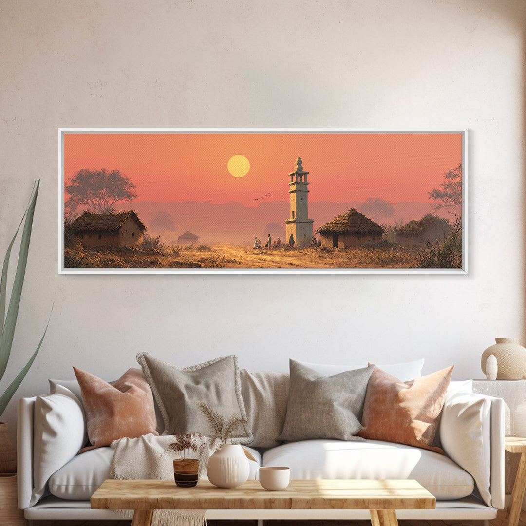 Rural Village Minaret At Peach Sunset Wall Art, Islamic Landscape Print, Prayer Room Decor, Warm Farmhouse Home Decor Gift