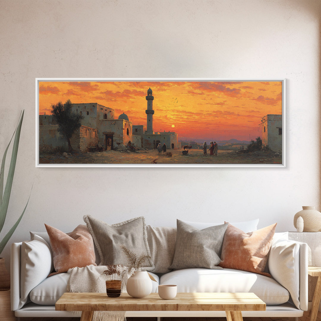 Stunning Sunset Over Desert Village With Minaret Oil Painting Warm Landscape Wall Art Framed Canvas Print For Home And Office