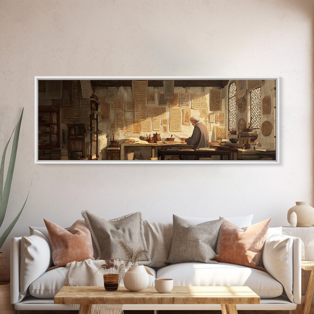 Old Scholar Reading Ancient Manuscripts In Historic Study Room Canvas Print Wall Art For Office Decor