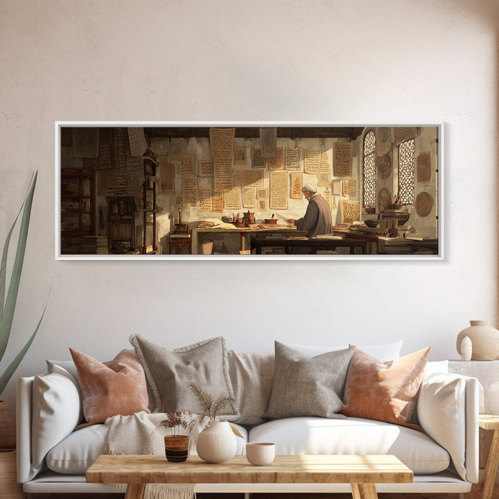 Old Scholar Reading Ancient Manuscripts In Historic Study Room Canvas Print Wall Art For Office Decor