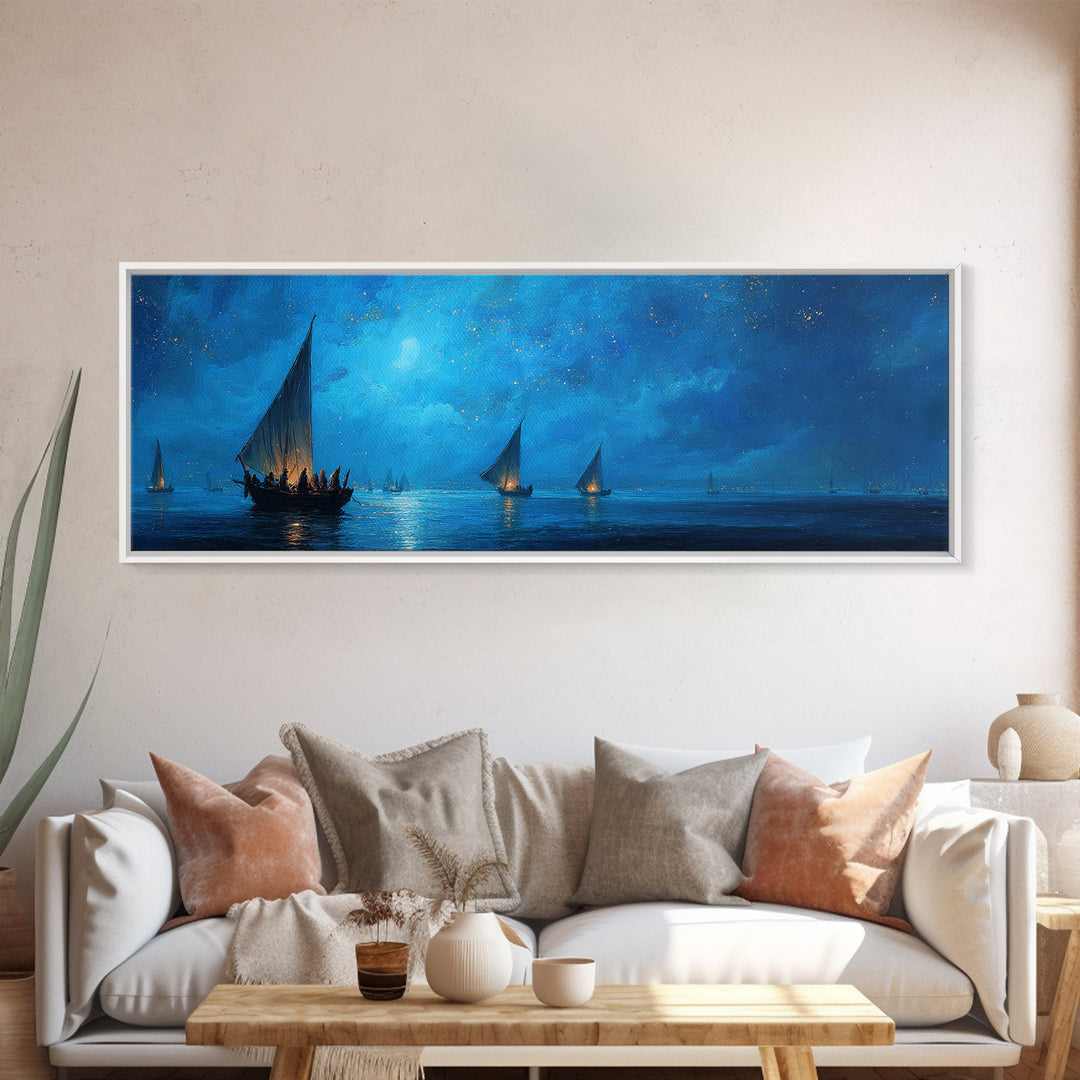 Fantasy Dusk Scene Sailing Boats On Calm Sea Under Moonlight Stunning Landscape Oil Painting Framed Canvas Print for Bedroom Wall Art