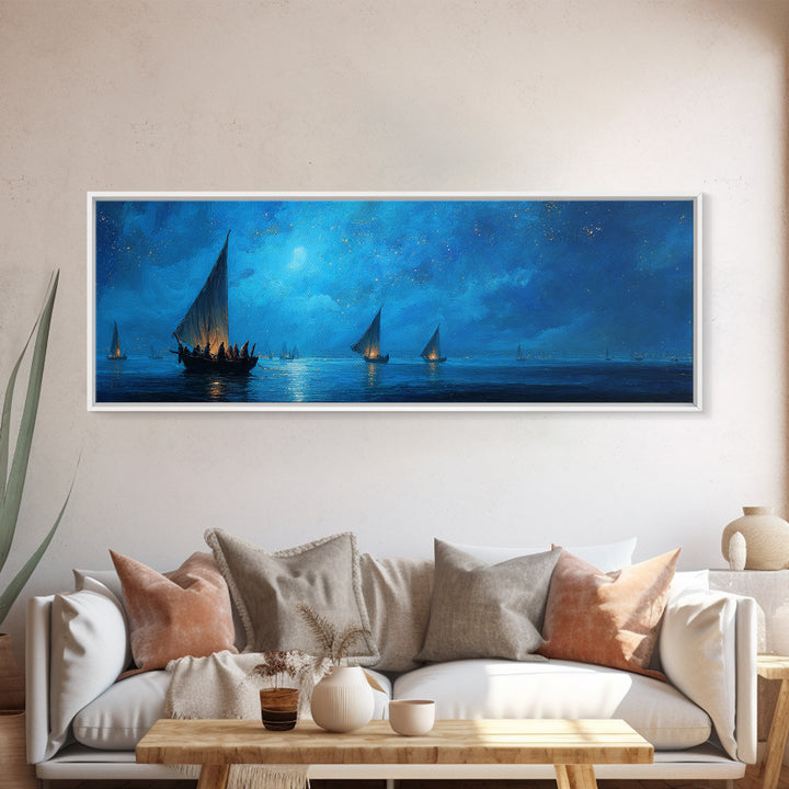 Fantasy Dusk Scene Sailing Boats On Calm Sea Under Moonlight Stunning Landscape Oil Painting Framed Canvas Print for Bedroom Wall Art