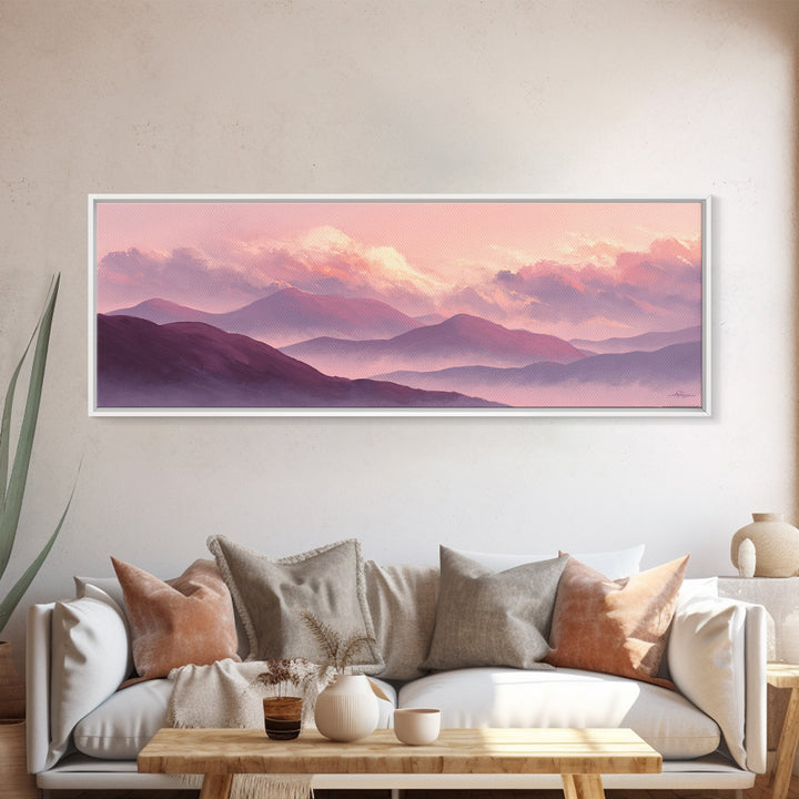 Misty Purple Mountains At Sunrise Wall Art, Modern Landscape Canvas Print, Calming Bedroom Decor And Living Room Wall Art Prints