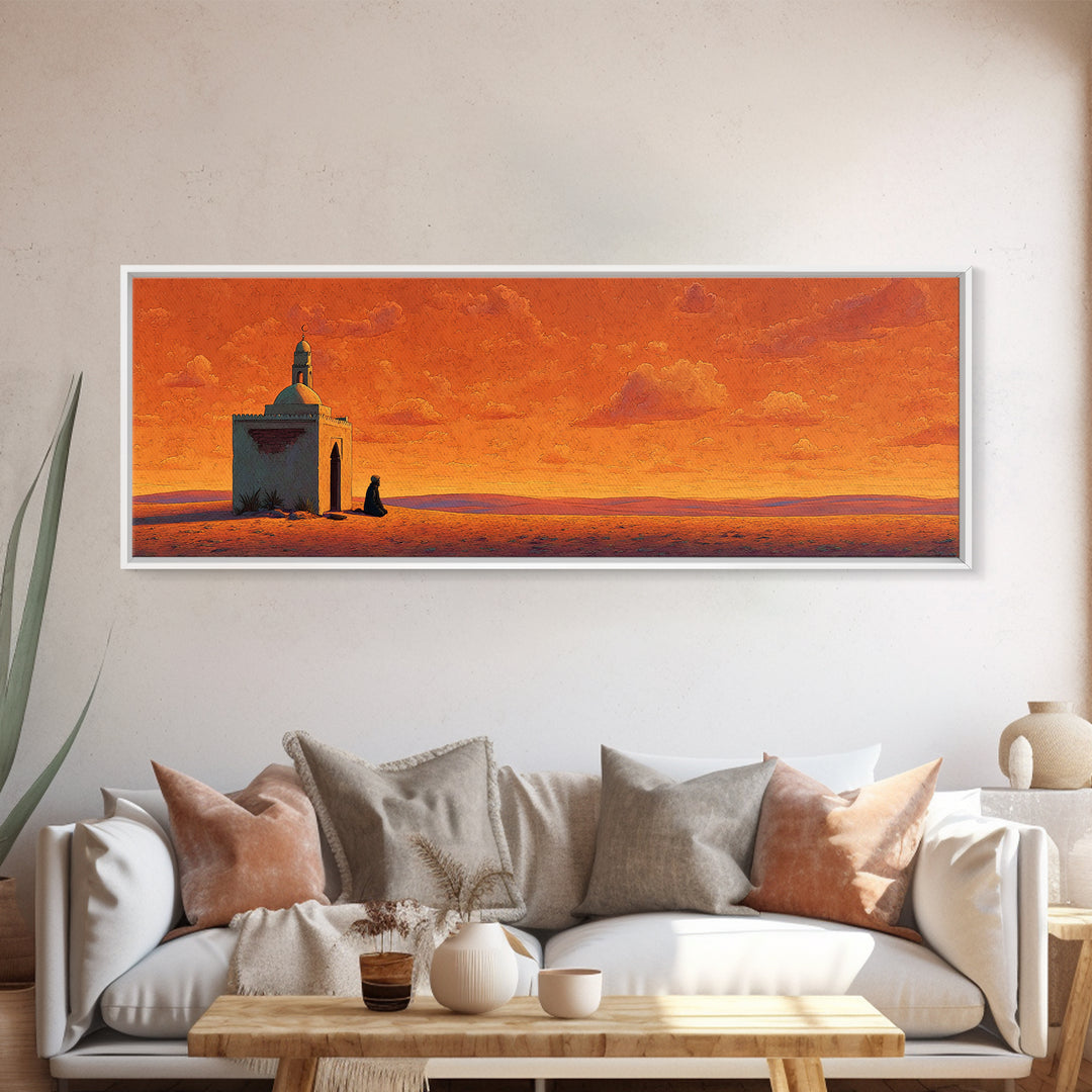 Orange Desert Mosque At Sunset Wall Art, Islamic Landscape Print, Panoramic Canvas, Prayer Room Decor, Warm Earth Tone Home Decor