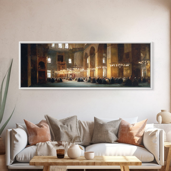 Classic Church Interior Worshipers Praying Under Chandeliers Religious Wall Art Framed Canvas Print