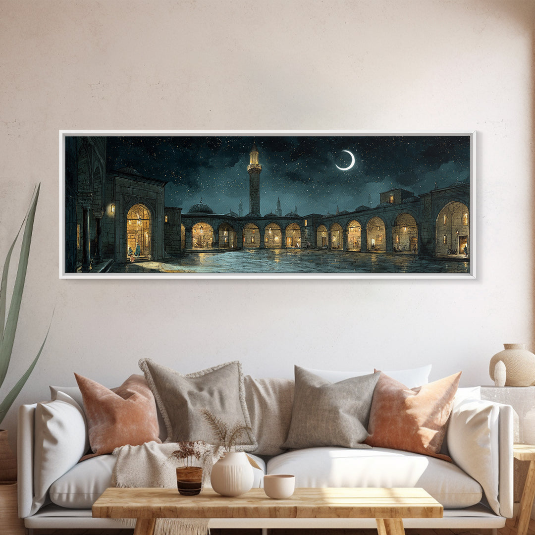 Enchanting Night Courtyard With Starry Sky And Crescent Moon - Magical Wall Art Canvas Print For Bedroom And Living Room Decor