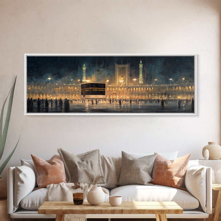 Nighttime Pilgrimage At Sacred Mosque With Glowing Lights And Worshippers Canvas Print