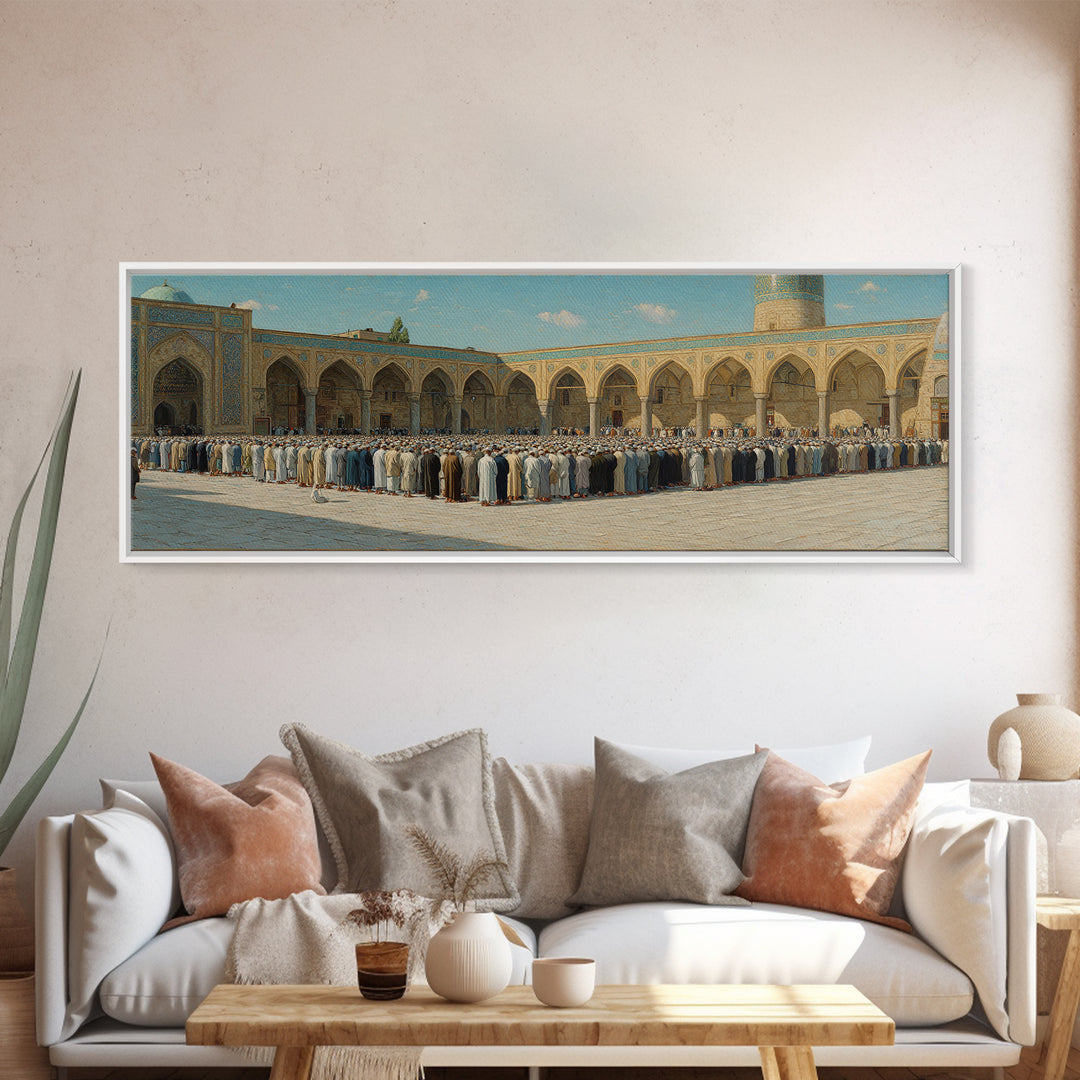 Traditional Islamic Prayer Scene Wall Art Depicting Worshippers in Mosque Courtyard Framed Canvas Print For Spiritual Home Decor
