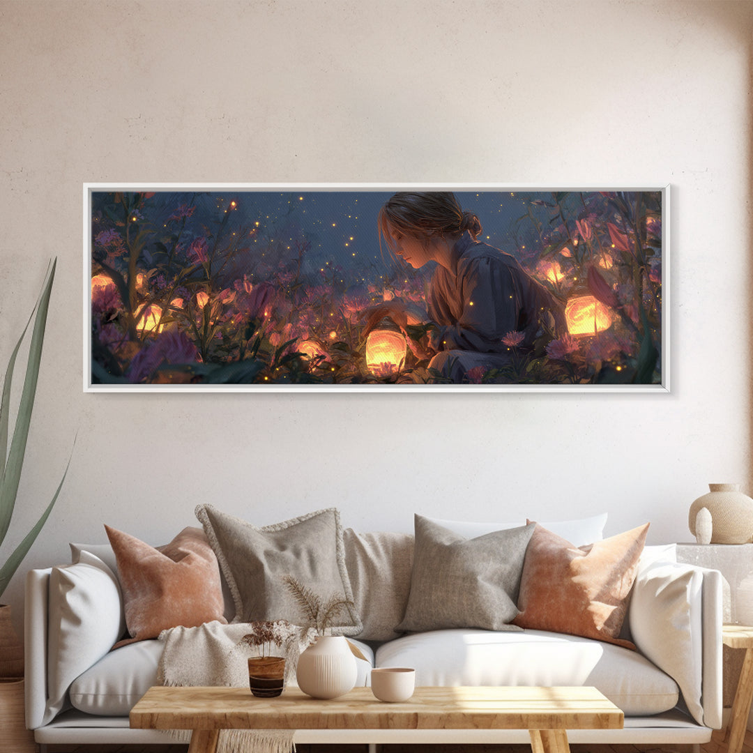 Girl With Glowing Lanterns In Enchanted Garden Wall Art, Fantasy Canvas Print, Whimsical Nursery Decor And Kids Room Decor Gift For Her