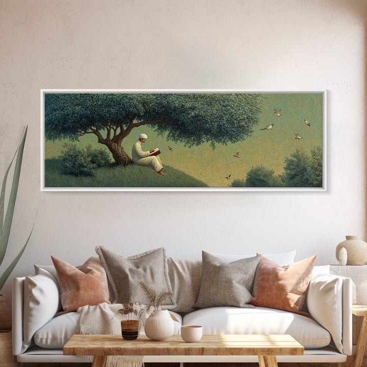 Peaceful Man Reading Under Lush Tree With Flying Birds Scenic Wall Art Canvas Print For Home Decor
