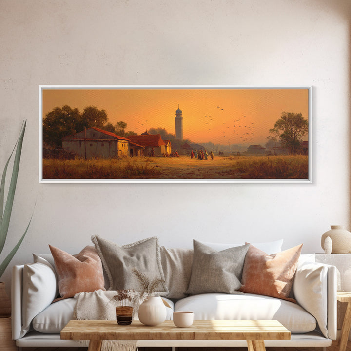 Serene Village Sunset Landscape Painting With Historic Mosque Tower Capturing Peace And Tradition Wall Art