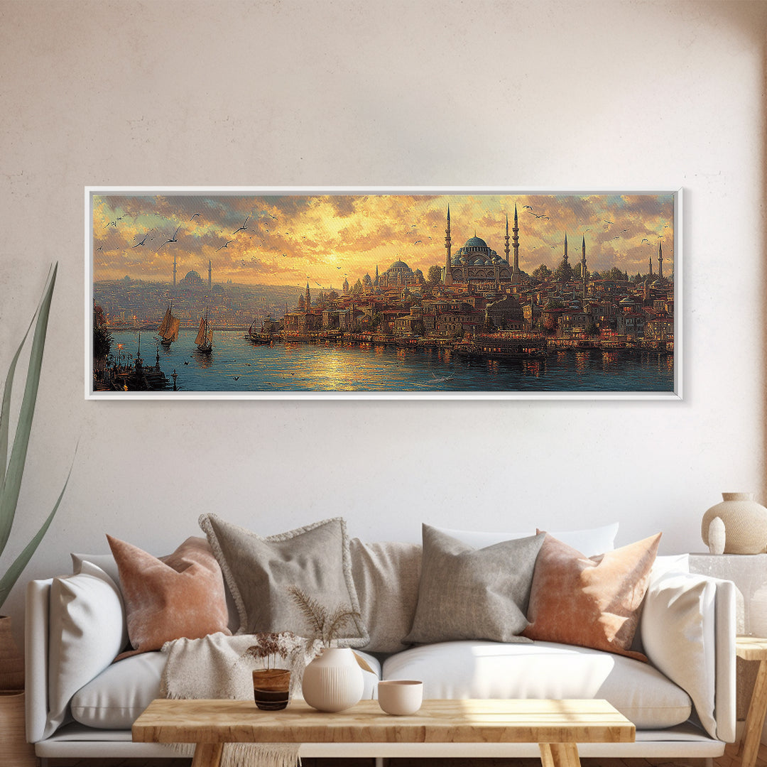 Sunset Over Istanbul Panorama With Historic Sultan Mosque And Boats In Golden Light Wall Art Modern Home Decor